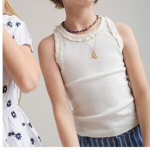 NWT J. Crew Girls' Everyday Ruffle-Trim Tank Top In Vintage Rib Ivory 10/12